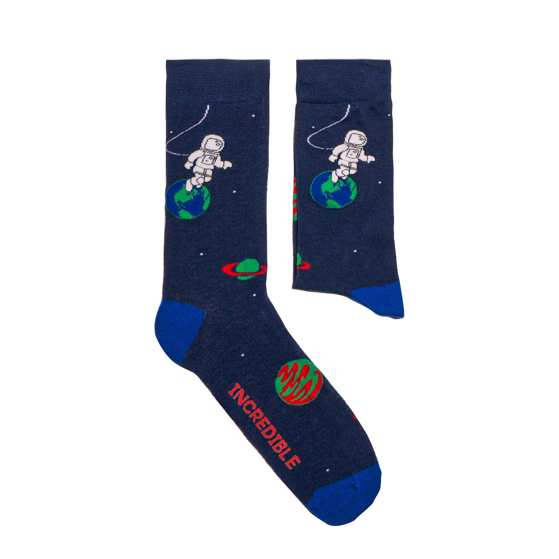 Socks that inspire us to remember those space exploration posters on our bed room walls and days spent dreaming of blasting off to meet aliens from far off planets. Space explorers, planets and tons of adventure awaits.  Soft. Strong. Comfortable. Sustainable. Available in US Men’s 4-8 and 8-12