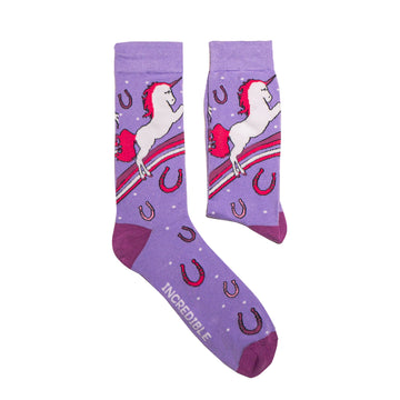 Unicorns, rainbows, horseshoes and fantastical attitude. Perfect shades of pink and purple muddled together make these socks must haves. Soft. Strong. Sustainable. Comfortable.   Available in US Men’s 4-8