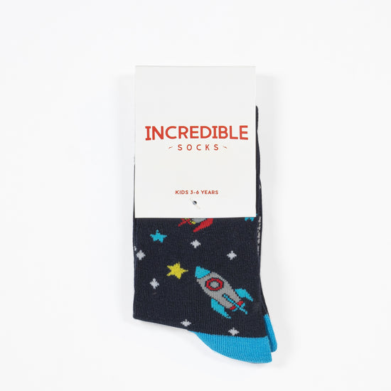 kids socks with space scene. Rockets, Spaceships and stars. made from bamboo