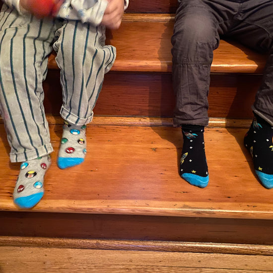 kids socks with space scene. Rockets, Spaceships and stars. made from bamboo