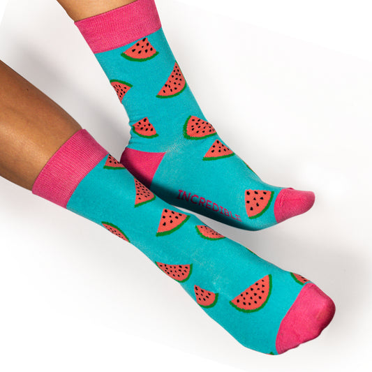 Watermelon Socks! Fruity. One in a series of five pairs of socks each representing your favorite fruits. Buy individually or as part of your 5-A DAY! Buy 4 in the collection and get your 5th fruity pair for FREE! Yum - melons! The 5-A-DAY collection consists of Banana-rama, Strawberry Surprise, Cherry On Top, Perfect Pineapples and Melon Deliciousness. Soft. Strong. Comfortable. Sustainable.   Available in US Men’s 4-8 and 8-12