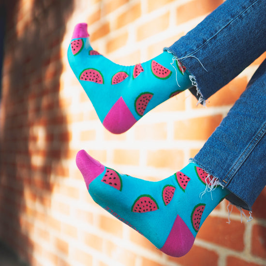 Watermelon Socks! Fruity. One in a series of five pairs of socks each representing your favorite fruits. Buy individually or as part of your 5-A DAY! Buy 4 in the collection and get your 5th fruity pair for FREE! Yum - melons! The 5-A-DAY collection consists of Banana-rama, Strawberry Surprise, Cherry On Top, Perfect Pineapples and Melon Deliciousness. Soft. Strong. Comfortable. Sustainable.   Available in US Men’s 4-8 and 8-12
