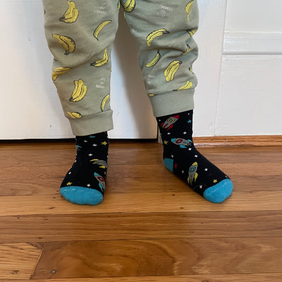 kids socks with space scene. Rockets, Spaceships and stars. made from bamboo