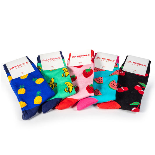 five socks. Cherries, pineapples, strawberries, watermelons and bananas. bamboo socks