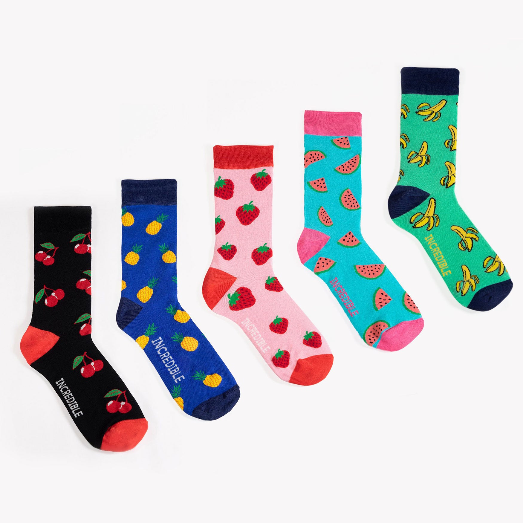 five socks. Cherries, pineapples, strawberries, watermelons and bananas. bamboo socks