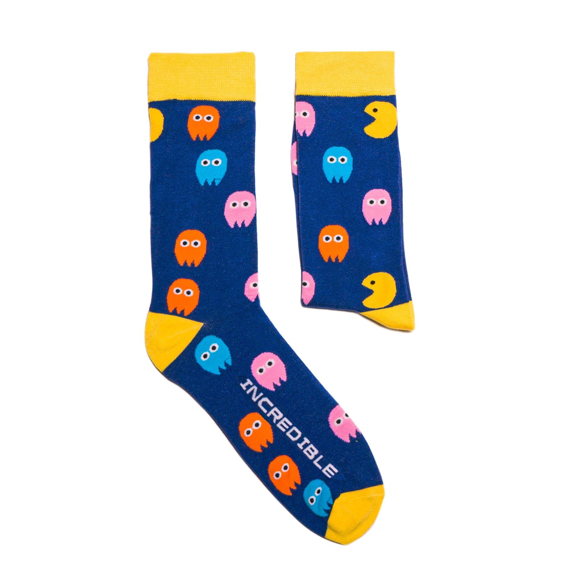 Who doesn't love the nostalgia of the 1980s retro, arcade games. What was your PacMan high score? Fun, comfortable socks that are a bold reminder of our misspent youth. An Incredible Socks collaboration with Andy Awesome, a Munich based 90's child who makes art out of the heroes of his childhood (and ours!).  Soft. Strong. Comfortable. Sustainable.  Available in US Men’s 4-8 and 8-12. Incredible Socks. Pac Man