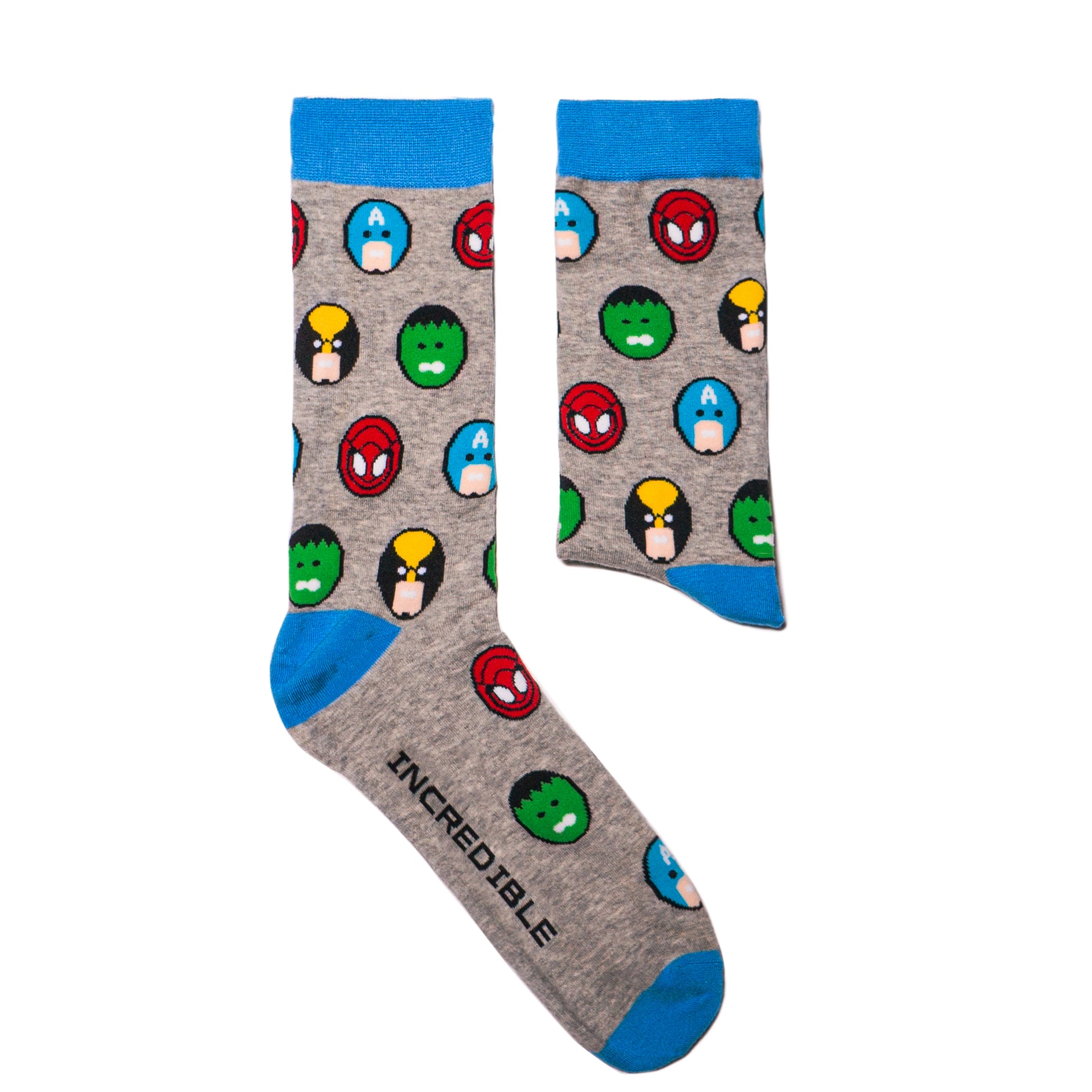 All superheroes wear Incredible Socks! All your favorite action heroes on one pair of feet. Is that SpiderMan, The Hulk, Captain America and Iron Man? Maybe. Maybe not. A collaboration with Andy Awesome, a Munich based 90's child who makes art out of the heroes of his childhood (and ours!) Soft. Strong. Sustainable. Comfortable.  Available in US Men’s 4-8 and 8-12. Spider Man. The Incredible Hulk, Iron Man. Captain America. Spiderman 