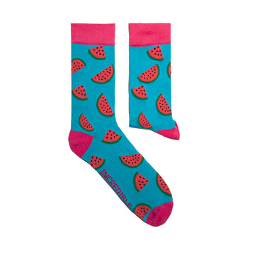 Watermelon Socks! Fruity. One in a series of five pairs of socks each representing your favorite fruits. Buy individually or as part of your 5-A DAY! Buy 4 in the collection and get your 5th fruity pair for FREE! Yum - melons! The 5-A-DAY collection consists of Banana-rama, Strawberry Surprise, Cherry On Top, Perfect Pineapples and Melon Deliciousness. Soft. Strong. Comfortable. Sustainable.   Available in US Men’s 4-8 and 8-12