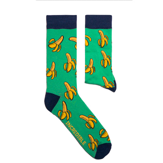 Banana Socks! Fruity. One in a series of five pairs of socks each representing your favorite fruits. Buy individually or as part of your 5-A DAY! Buy 4 in the collection and get your 5th fruity pair for FREE! The 5-A-DAY collection consists of Banana-rama, Strawberry Surprise, Cherry On Top, Perfect Pineapples and Melon Deliciousness.  Available in US Men’s 4-8 and 8-12.  We make Incredible Socks in incredible ways - using bamboo to give you the softest & strongest sock you’ll ever wear. Sustainable.
