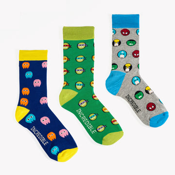 Three socks as part of a bundle featuring Pac Man, Superheroes and Teenage Mutant Ninja Turtles. Made from Bamboo.
