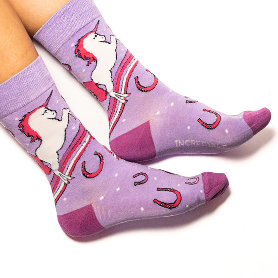 Unicorns, rainbows, horseshoes and fantastical attitude. Perfect shades of pink and purple muddled together make these socks must haves. Soft. Strong. Sustainable. Comfortable.   Available in US Men’s 4-8
