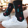 Surf boards, the best waves and beautiful palm trees make for the perfect paradise pair of socks for summer.. or even winter. Bright and breezy pastels on a light grey base. Soft. Strong. Sustainable. Comfortable.  Available in US Men’s 4-8 and 8-12
