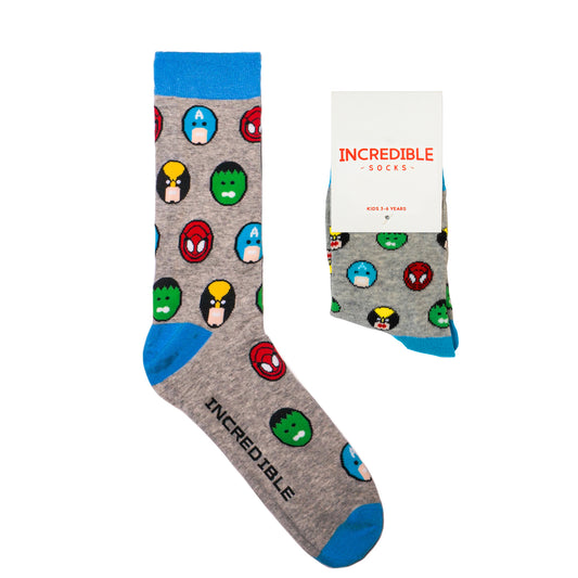 Kids and Adults socks with colorful superheroes. Spider Man, Captain America, Iron Man, The Hulk. Made from sustainable bamboo.