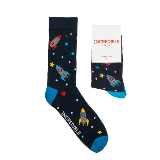Kids and Adults space socks with rockets and stars. Made from sustainable bamboo.