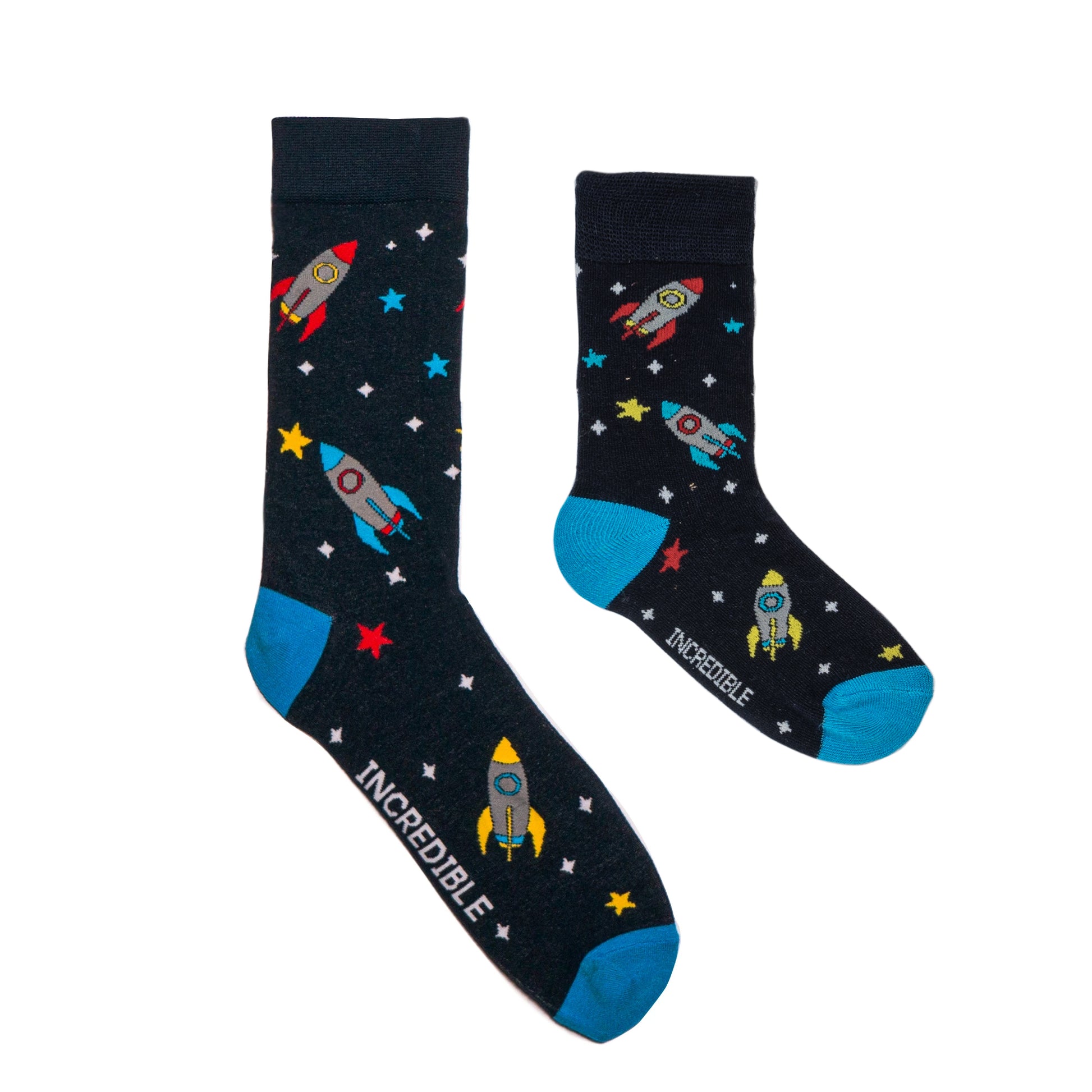 Kids and Adults space socks with rockets and stars. Made from sustainable bamboo.