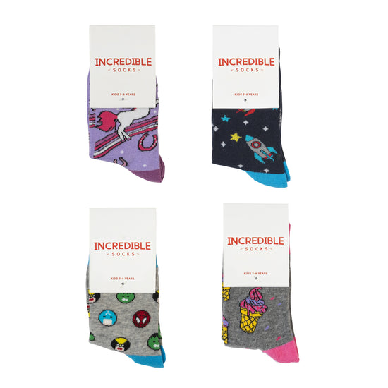 bamboo kids socks with space ships, rockets, unicorns, ice cream, superheroes. 