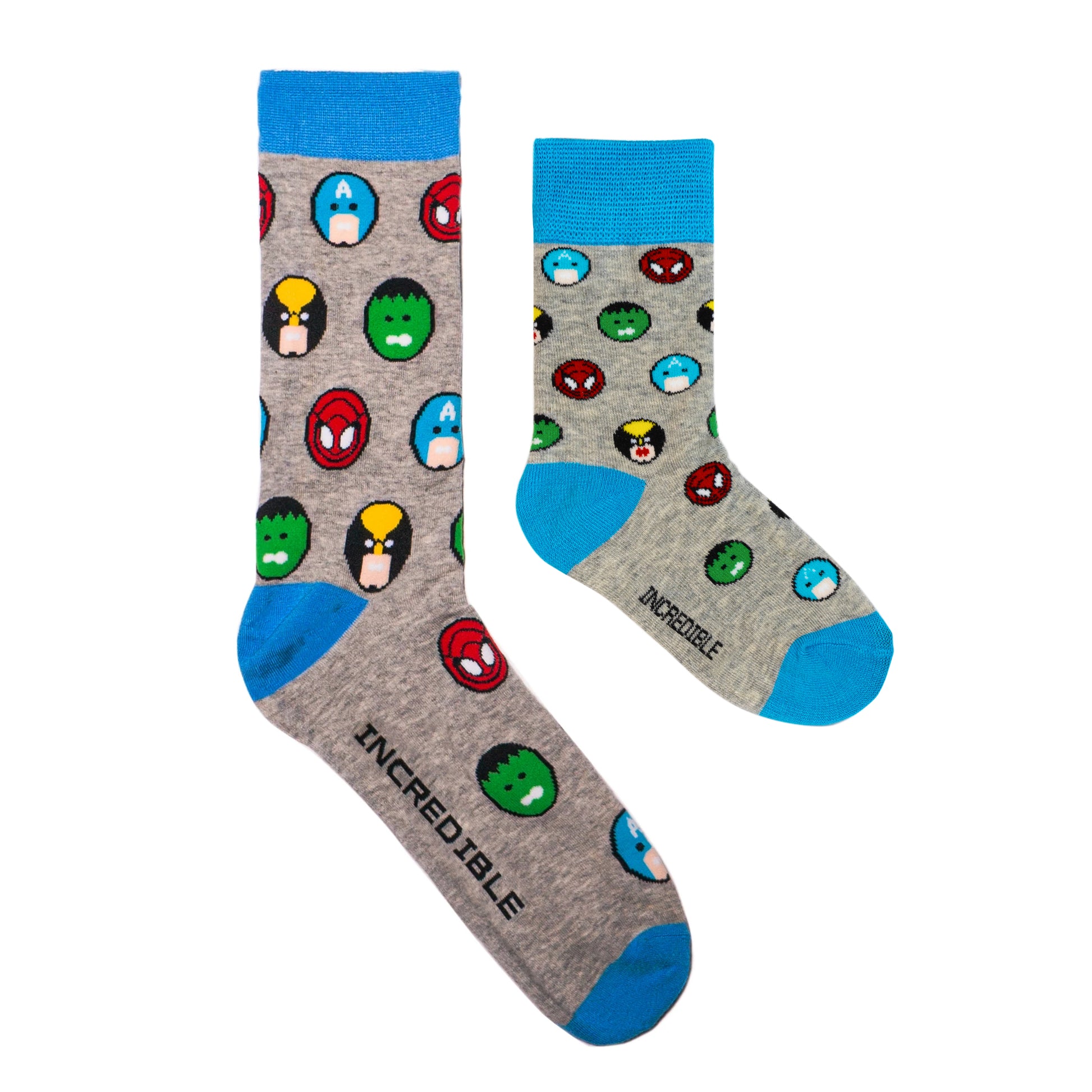 Kids and Adults socks with colorful superheroes. Spider Man, Captain America, Iron Man, The Hulk. Made from sustainable bamboo.