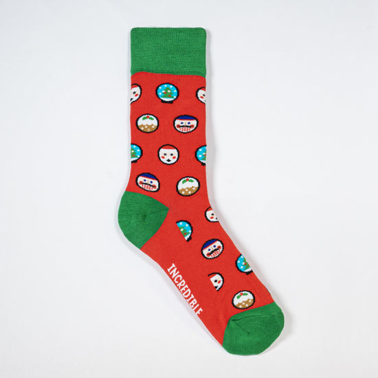 Holiday inspired christmas socks with elves, cake, snow globes and santa claus. made from bamboo